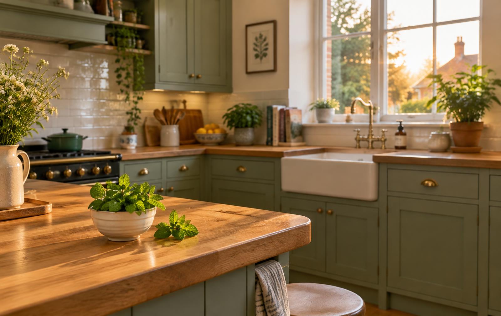 Calm British kitchen with fresh mint on the worktop