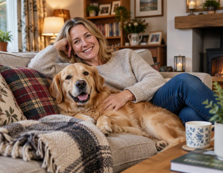 Woman relaxing at home with her dog